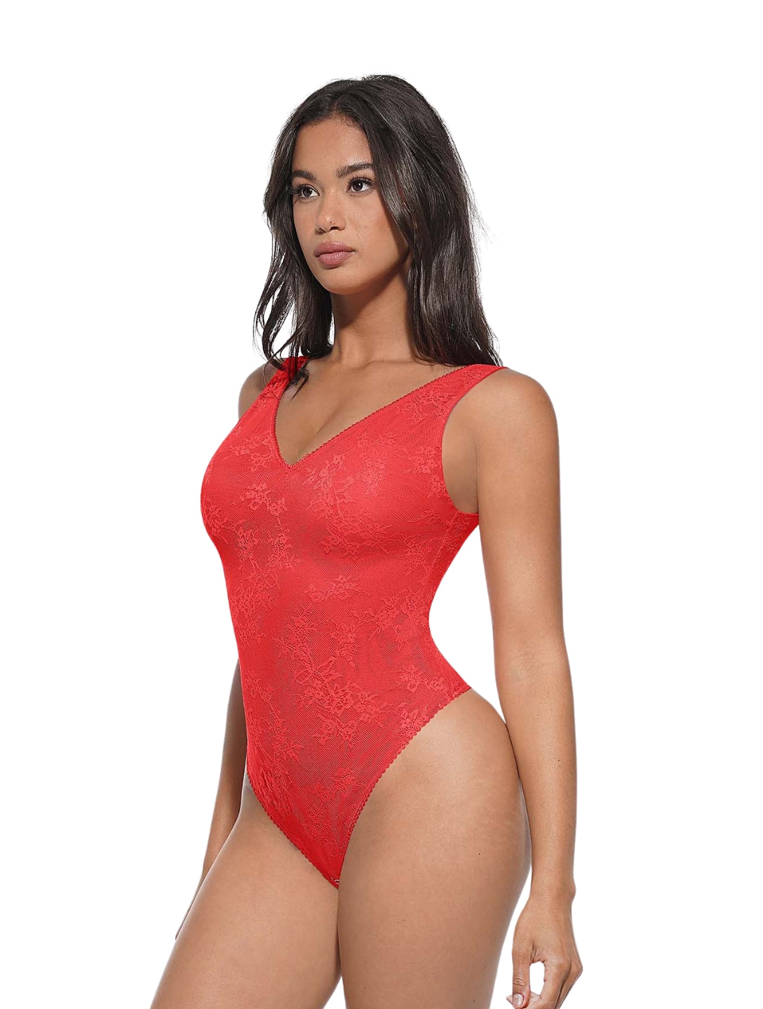 V-Neck Laced Thong Bodysuit - HeyShape