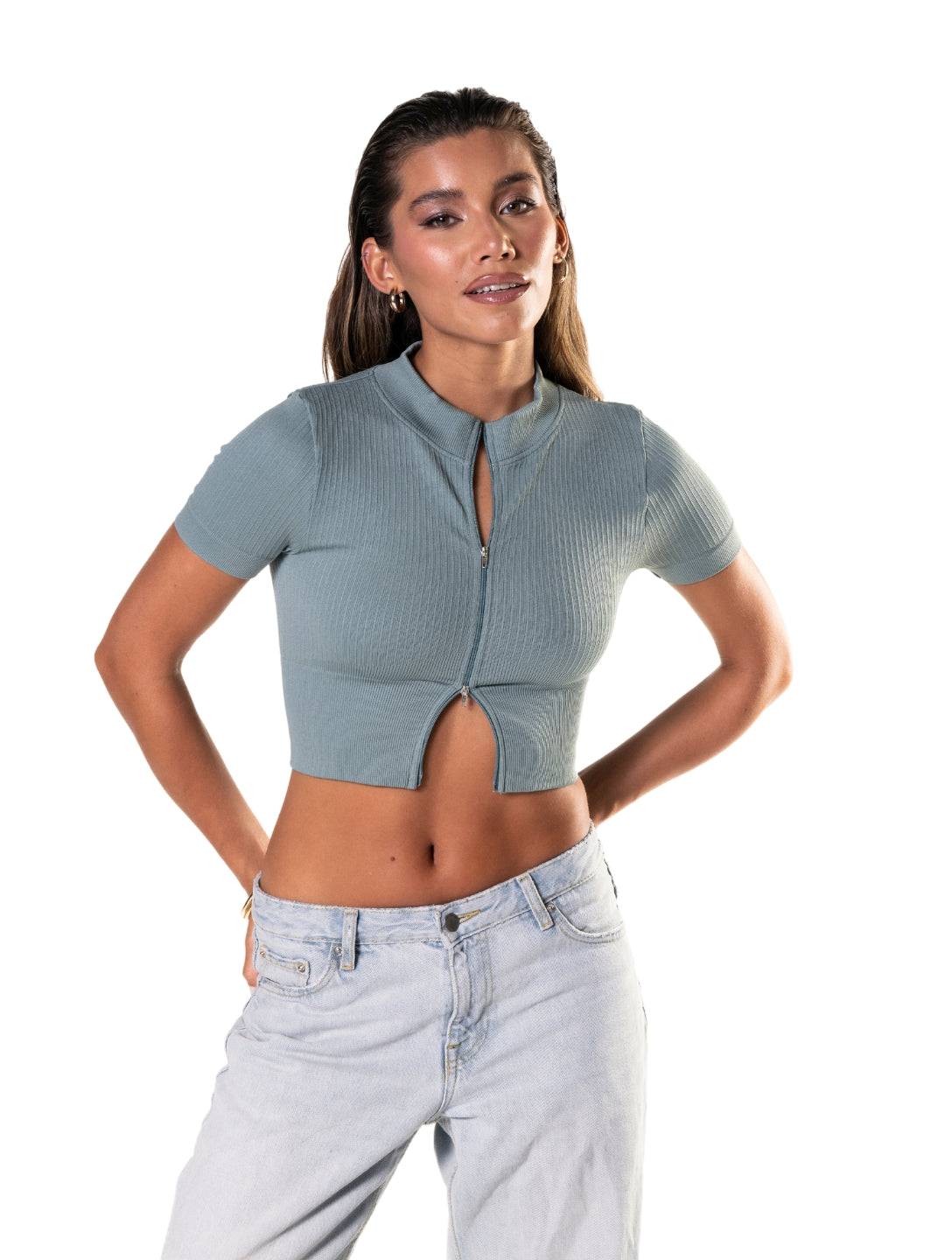 Seamless Ribbed Zip-Front Short Sleeve Crop Top - HeyShape