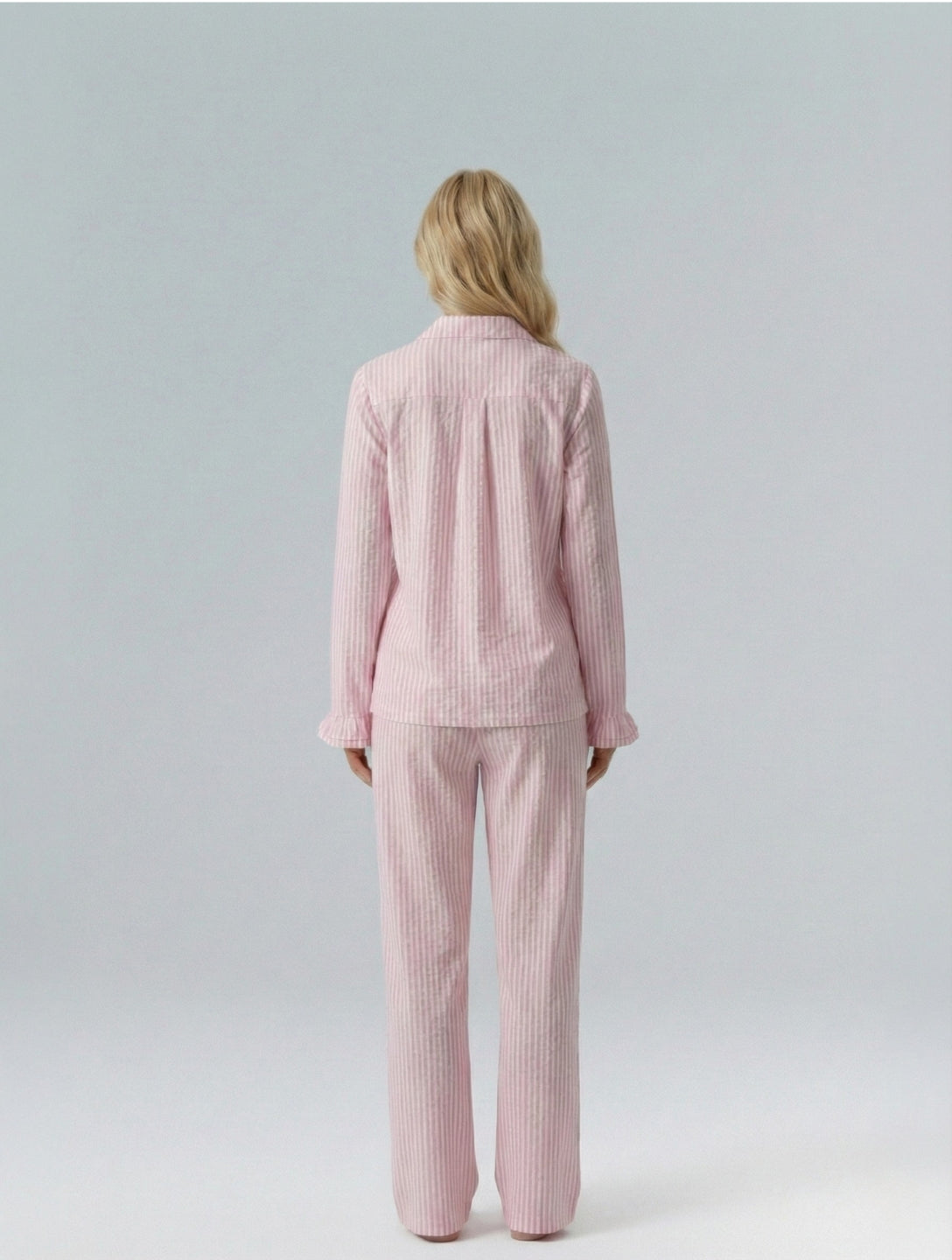 Cotton Stripe Pajama Set with Ruffle Sleeve - HeyShape