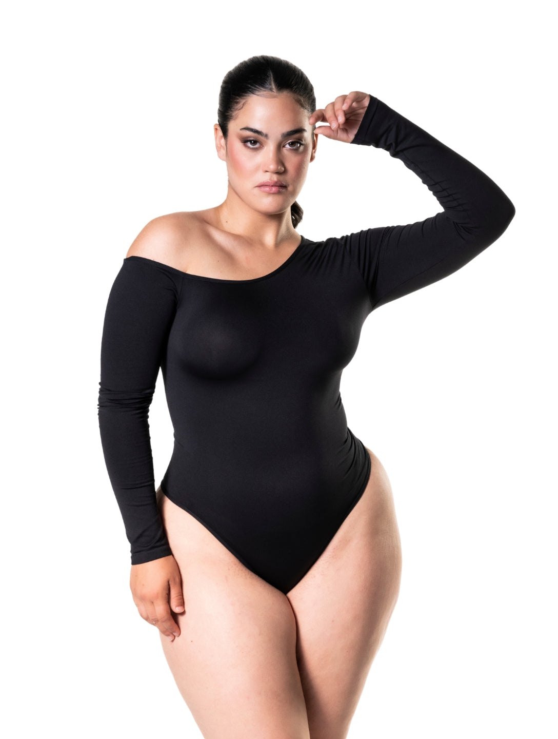 Langærmede One Shoulder bodystocking med g-streng