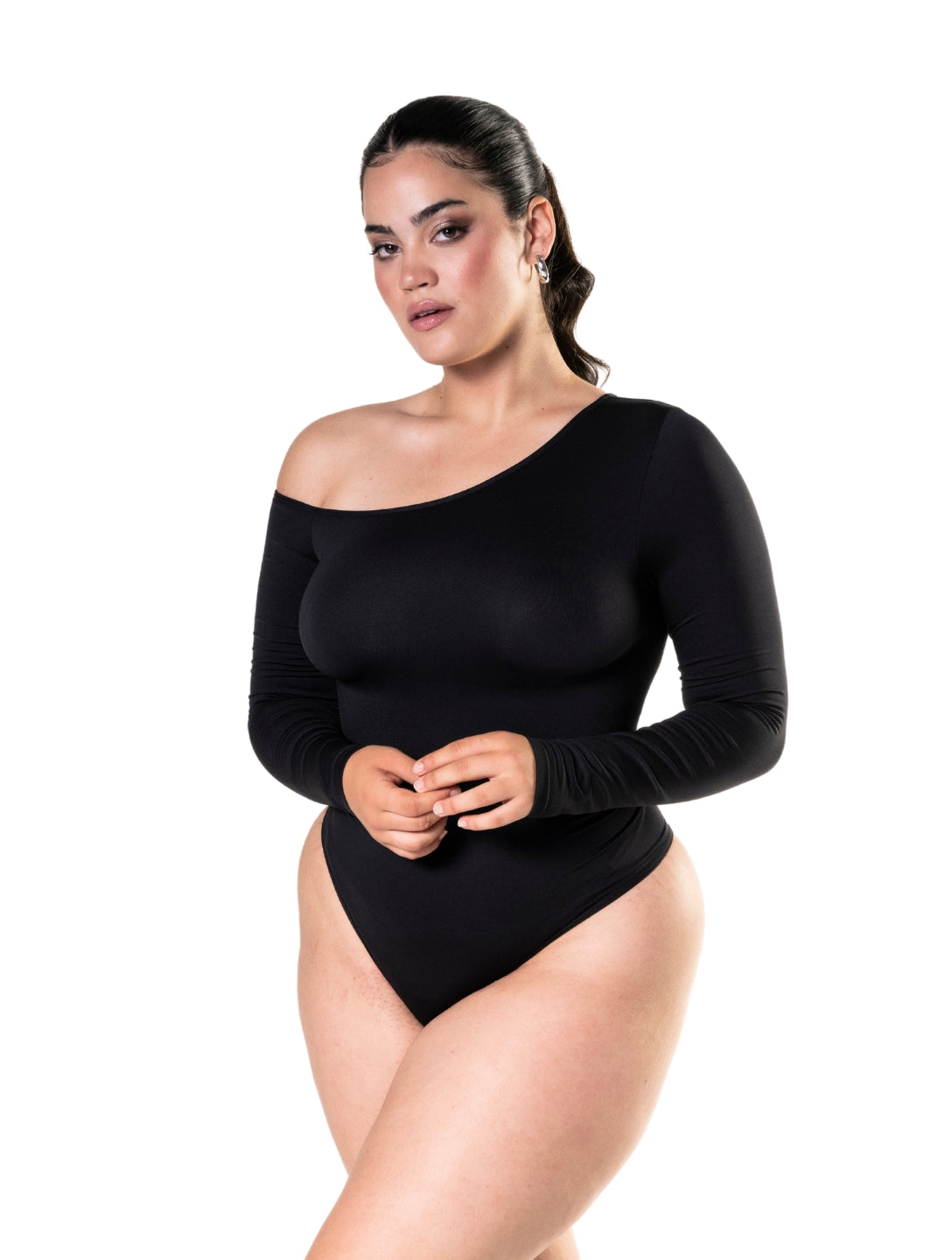 Langærmede One Shoulder bodystocking med g-streng