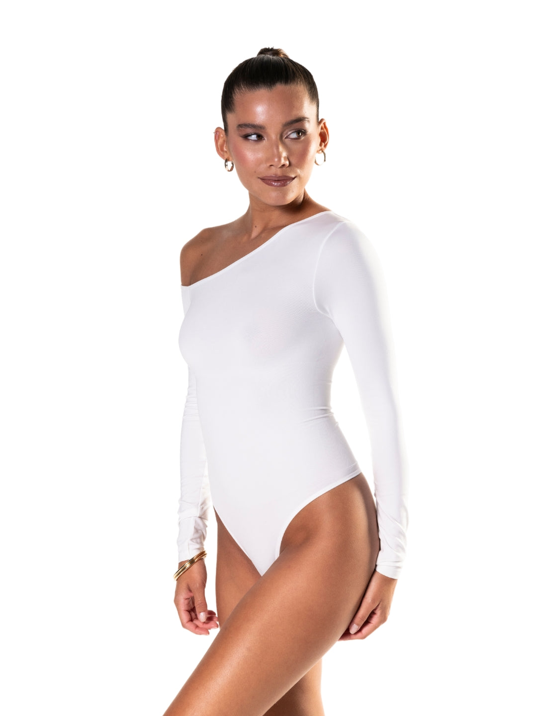 Langærmede One Shoulder bodystocking med g-streng