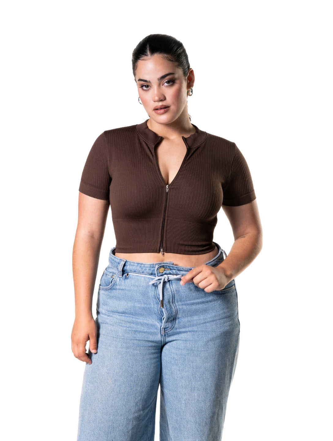 Seamless Ribbed Zip-Front Short Sleeve Crop Top - HeyShape